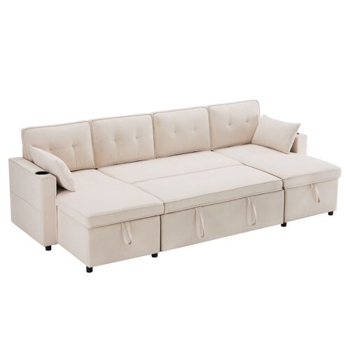 Canapé panoramique- 4 places- rangements- porte-gobelets- coussins inclus- port USB- coton et lin- 270x130x86cm- Beige