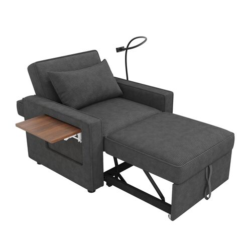 Fauteuil relax- 1 place- rangements- coussins inclus- port USB- velours cotelé- support téléphone- dossier inclinable- Gris