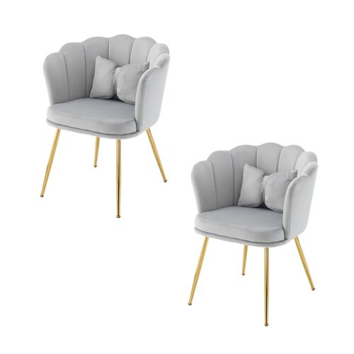 Lot de 2 Fauteuils Décoratifs Confortables en Velours- Dossier Pétalé- Pieds Dorés et Coussins Papillon pour Intérieur-Gris