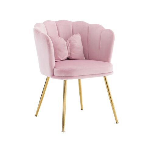 Fauteuil Décoratif Rembourré en Velours- Dossier Pétalé- Pieds Métalliques Dorés- Coussin Papillon pour Salon et Chambre-Rose