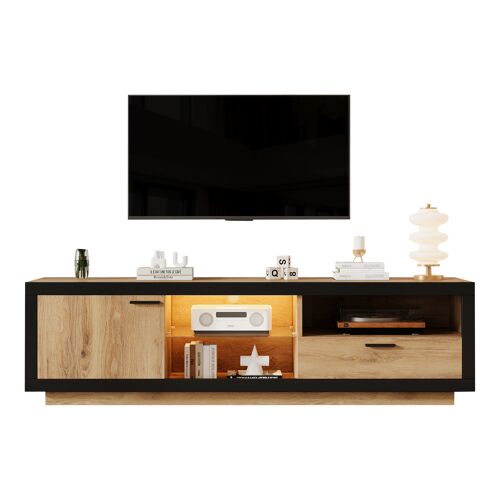 Meuble TV de 160 cm- avec LED RVB- Centre de Divertissement Moderne pour Le Salon- 160 x 40 x 50 cm- Noir et Chêne