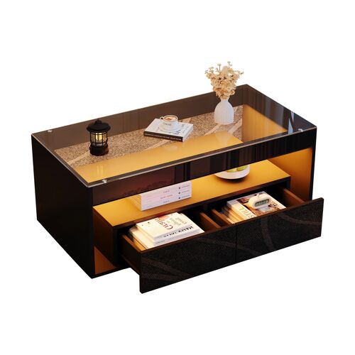 Table basse avec Lumières LED- Table de salon avec 2 tiroirs- Étagère ouverte- Plateau verre trempé- App Contrôle- Noir