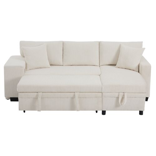 Canapé d'angle- 3 places- avec ottoman- rangements- coussins inclus- port USB- velours côtelé- 231x132x84cm- Beige