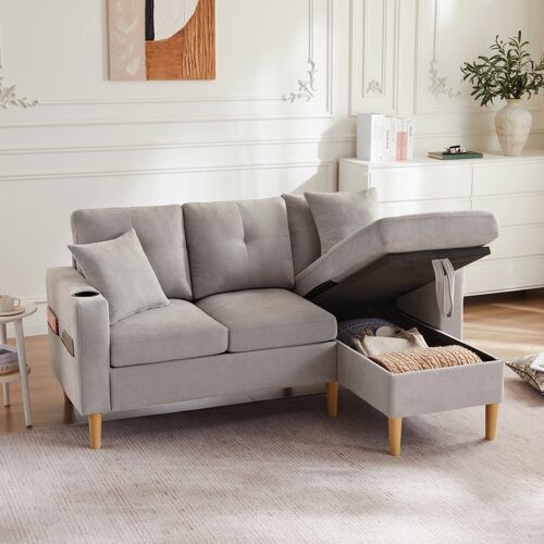 Canapé d'angle réversible 3 places- Avec Porte-gobelets et Rangement- 175×129×90cm- Gris Clair