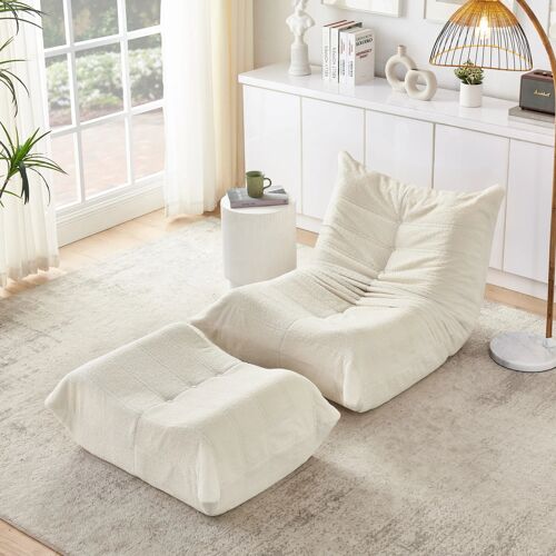 Canapé 1 Places en Tissu teddy doux- Fauteuil relax au Sol sans accoudoirs avec Dossier inclinable et Repose-pieds- Design scandinave-Pour salon/chambre/gaming (Beige)