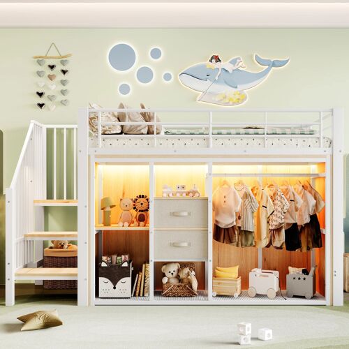 Lit Enfant 90 x 200 cm- Demi-Hauteur avec Rangement- 2 tiroirs- Cadre Fer & MDF- LED Multicolore- Blanc
