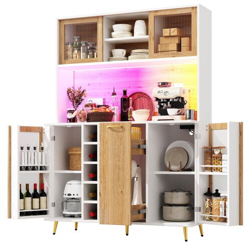 Buffet haut de cuisine Cuisine- Armoire de cuisine avec éclairage LED- 5 portes & Étagères réglables & Tiroir central- Prise intégrée- Blanc