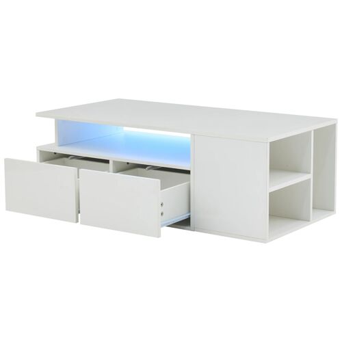 Table Basse 100x50x35 cm avec Éclairage LED et 2 Tiroirs Grand Coffre de Rangement- Table de Salon Blanche Résistante jusqu'à 60 kg