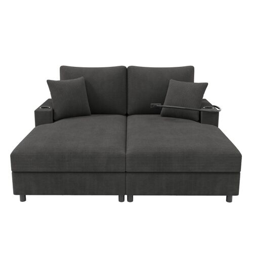 Canapé convertible- 2 places- porte-gobelets- coussins inclus- port USB- velours côtelé- support telephone- 163x140x82cm- Gris