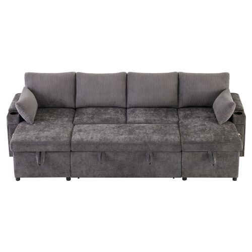 Canapé panoramique- 4 places- rangements- porte-gobelets- coussins inclus- velours côtelé- pour salon- hôtel- 272x131x84cm- Gris
