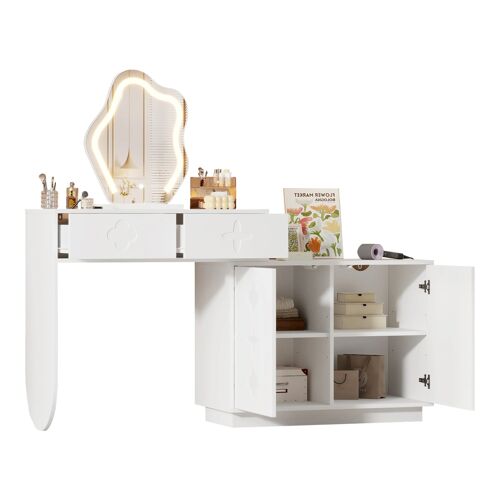 Coiffeuse blanche 160 cm avec miroir LED 3 couleurs ¿2 tiroirs et armoire latérale 4 compartiments ¿Pieds incurvés ¿Pour chambre