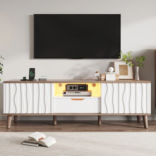 Meuble TV LED 160x40x52cm- Console Multimédia avec Rangement- Porte Coulissante- Compatible TV 70 Pouces- Blanc Moderne pour Salon