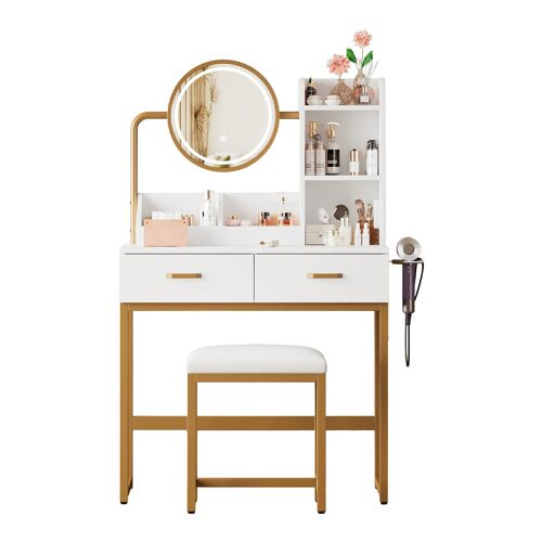 Coiffeuse avec miroir LED rotatif 3 couleurs ¿Prises USB et support sèche-cheveux ¿2 tiroirs et étagères ¿Tabouret inclus- Blanc