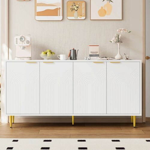Buffet avec 4 portes- Poignées dorées brossées et Pieds brillants- Commode avec 2 étages- Meuble de rangement salon 160×80×40 cm- Blanc