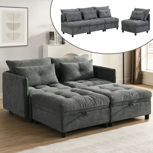 Canapé Modulaire 4 Places avec Rangement Caché- Convertible en Lit Double- Tissu Chenille Doux- Idéal pour Salon/Famille- Gris