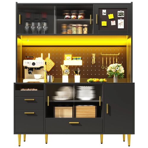 Buffet haut de cuisine Cuisine avec Éclairage LED musical- 3 tiroirs & Rangements modulables- Panneau perforé- Charge 60 kg- 140×40×180cm- Noir