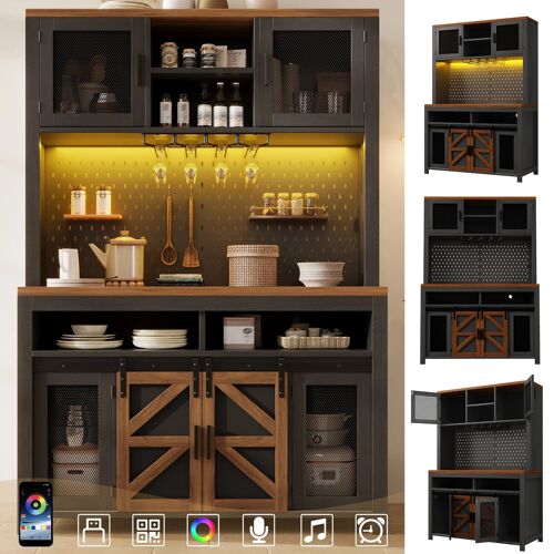 Buffet avec Éclairage LED- Armoires de Cuisine- Meuble Haut avec Port USB- Grand Espace de Rangement et Plan de travail- Noir