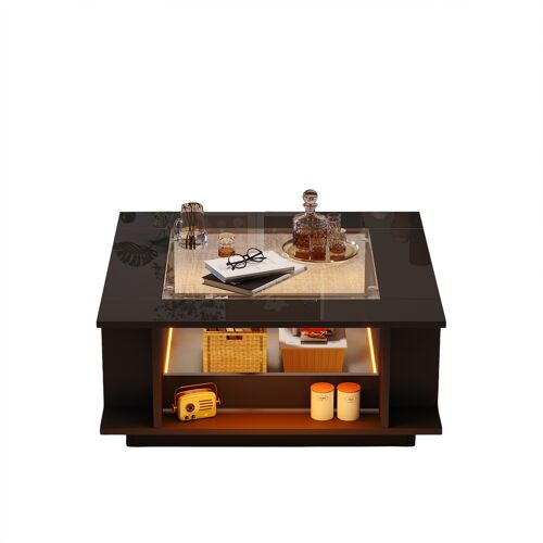 Table basse carrée 70×70 cm ¿Noir ¿Verre ¿Laqué brillant ¿LED ¿Rangement ¿Charge 30 kg ¿Pour salon moderne