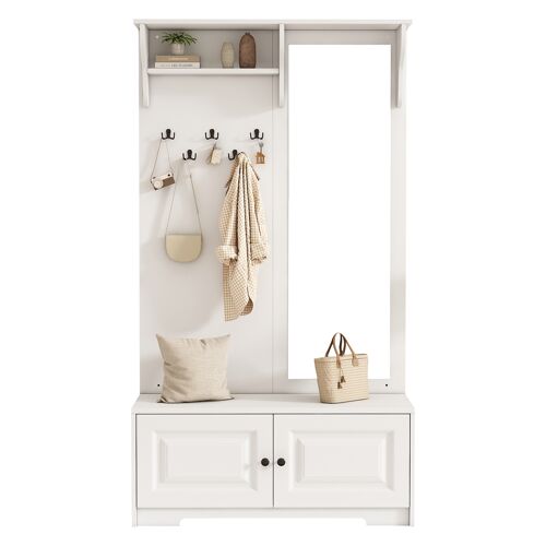 Porte-manteaux 100*40*180 cm avec miroir- 5 patères- 2 placards et étagère- portant à vêtements avec meuble à chaussures- blanc
