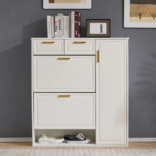 Armoire à chaussures moderne blanche- étagères ajustables- poignées dorées- tiroirs et portes rabattables 95×24×107 cm