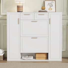 Armoire à chaussures moderne blanche- étagères ajustables- poignées dorées- 2 tiroirs- 2 portes rabattables 120×24×107 cm