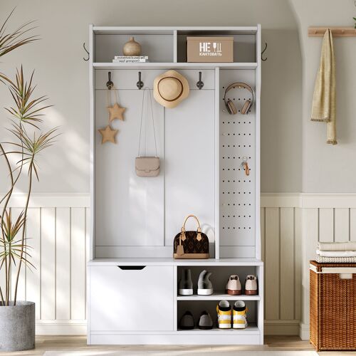 Meuble d'entrée-100x185.5x40cm-Avec 6 crochets&1 porte -4 espaces de rangement- Rangement chaussures-Blanc