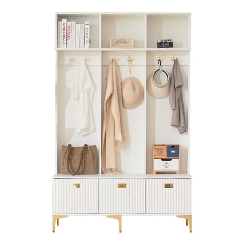 Meuble D'entrée- Vestiaire Avec Banc Blanc- Porte-Manteaux 6 Crochets- Rangement Chaussures - Mécanisme Sécurité- 120×40×191- 5cm
