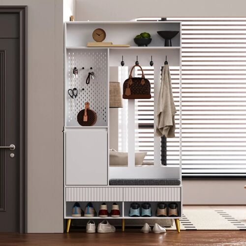 Ensemble vestiaire blanc avec banc ¿Meuble d'entrée avec 4 crochets et panneau perforé¿2 tiroirs et 1 placard¿100x35x180cm