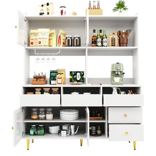 Buffet haut de cuisine Cuisine- Meuble de salle à manger avec Étagères réglables & tiroirs & Casier à vin- 145×39×171 cm- Blanc
