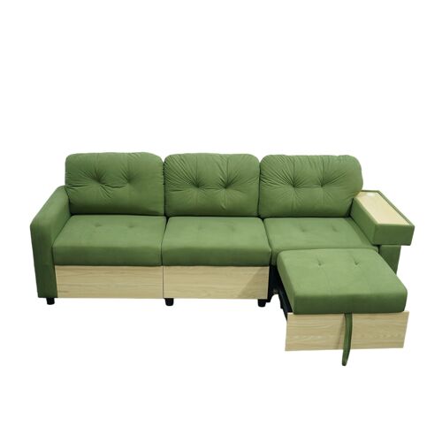 Canapé d'angle 3 places avec méridienne extensible- Port USB- Rangement- Accoudoir plateau bois- 228 x 80 x 78 cm- Vert