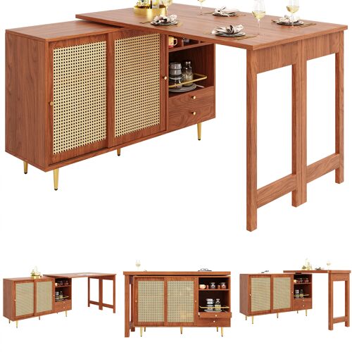 Ilot de cuisine Extensible 107-187x40x76cm- Table bar rotative 360°avec Rangement ouvert et tiroirs- Marron