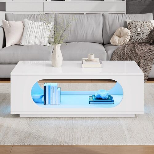 Table basse multifonction avec éclairage intelligent- Rangement intégré- Gestion des câbles- Laqué brillant- APP Contrôle- Blanc