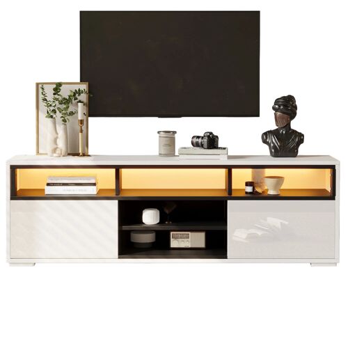 Meuble TV 150×35×50 cm Haute Brillance- 8 Espaces de Rangement- 2 Portes- Lowboard Moderne pour Petit Salon