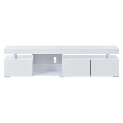 Meuble TV 180×35×45 cm Blanche Haute Brillance- 3 Portes- Étagères Verre Trempé Réglables- Compatible TV 80 Pouces