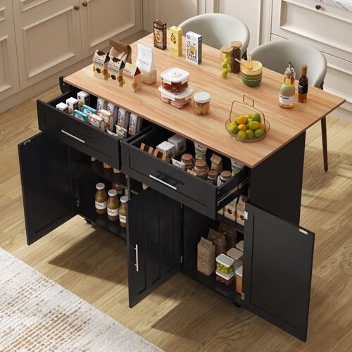 Desserte Cuisine avec Plan de travail extensible- Ilot Central Cuisine Mobile- 2 tiroirset3 compartiments- Étagères réglables ¿129x46(71)x91- 5cm-Noir