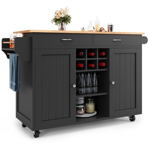 Ilot de cuisine- Desserte Cuisine Moderne avec Plan de Travail- 2 Tiroirs et Casier à vin amovible- 102×45×92cm- Noir