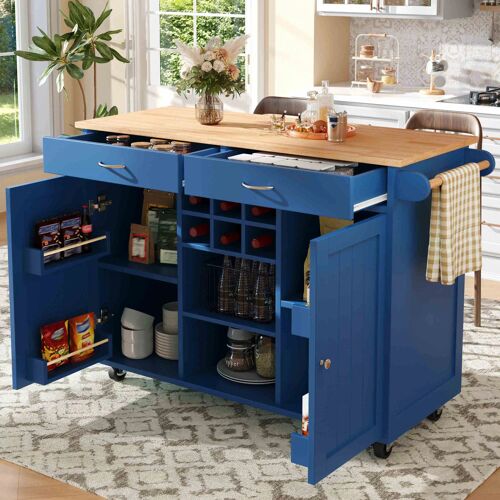 Ilot de cuisine- Desserte Cuisine Moderne avec Plan de Travail- 2 Tiroirs et Casier à vin amovible- 102×45×92cm- Bleu