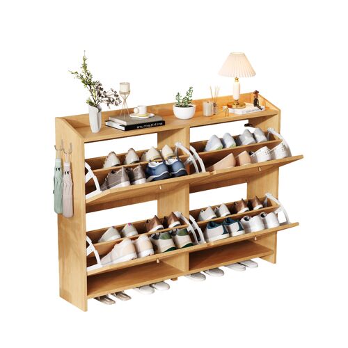 Meuble à chaussures 120 cm ¿8 compartiments ¿Portes en rotin ¿2 crochets ¿MDF ¿Bois naturel ¿Pour entrée/couloir/salon