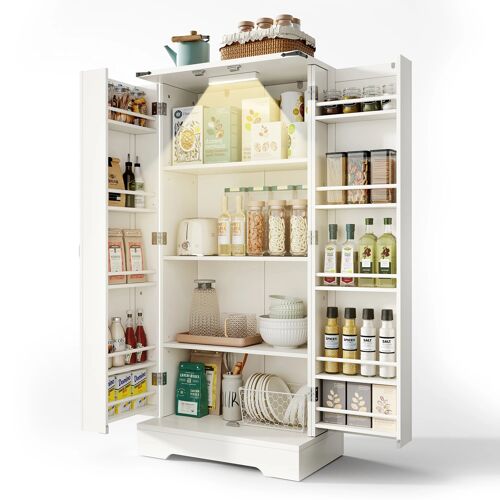 Buffet haut de cuisine Cuisine- Armoires de Cuisine avec LED à capteur USB- 5 niveaux- 10 étagères de porte- 60×35×128cm- Blanc
