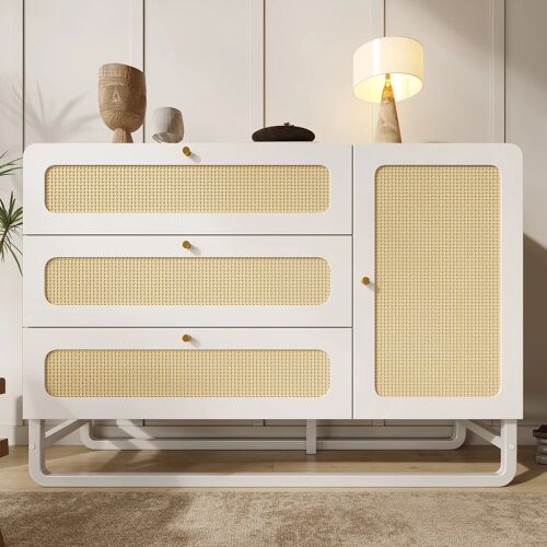 Commode avec Rattan et Poignées en Or- 3 Tiroirs et 1 Porte- Étagères Réglables en Hauteur & Anti-chute- Blanc