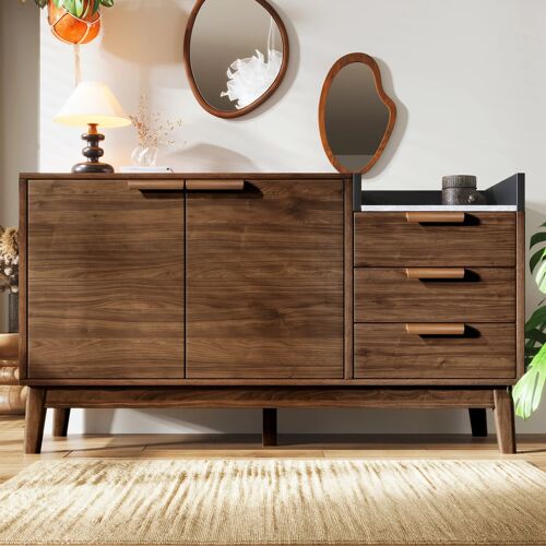 Commode de Salon- 3 Tiroirs et Double Porte- Étagères Amovibles 5cm- Anti-chute- Compatible Robot Aspirateur- 120x77x40 cm
