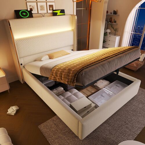 Lit coffre 90x200 cm- Lit simple avec Rangement éclairage LED et ports USB/Type-C- Contrôle APP- Beige