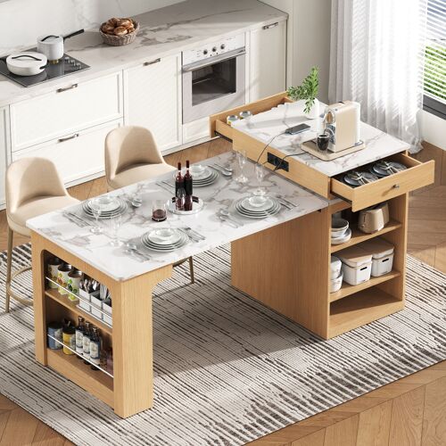 Ilot de cuisine extensible- 71-152x80x92 cm- Avec tiroirs & étagères & Prises USB- Plateau MDF- Naturel