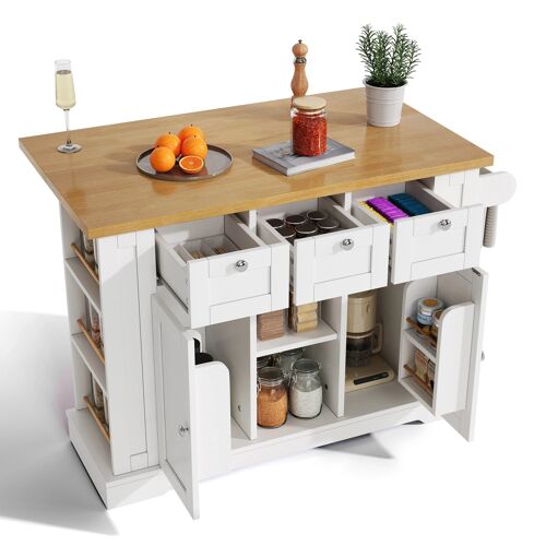 Ilot de cuisine multifonction 132 cm Blanc- Plan de travail pliant- Meuble avec 3 tiroirs et portes- Porte-bouteilles intégré- Prise avec USB- Pour cuisine- salle à manger- studio