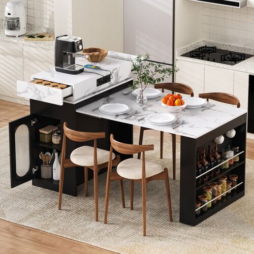 Ilot de cuisine extensible- 83x46-146- 5 x96 cm- Avec 2 tiroirs & étagères & Prises- Plateau MDF- Noir