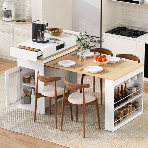 Ilot de cuisine extensible- 83x46-146- 5 x96 cm- Avec 2 tiroirs & étagères & Prises- Plateau MDF- Blanc