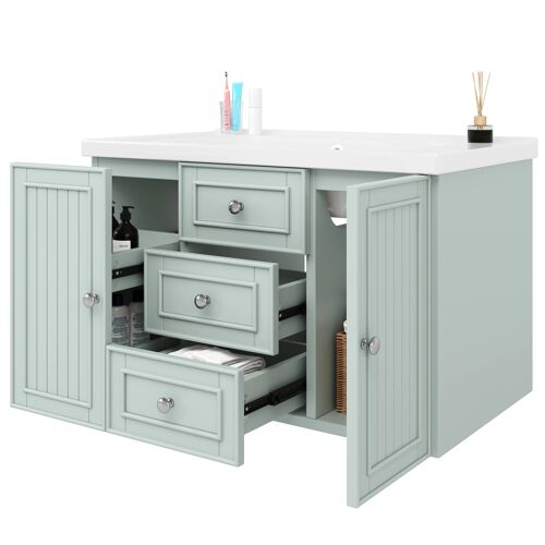 Meuble de salle de bain avec vasque en céramique- 3 tiroirs et armoire ¿Lavabo suspendu- Façade laquée -78- 5×46×46- 8 cm- Vert