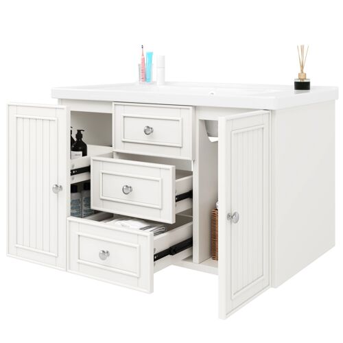 Meuble de salle de bain avec vasque en céramique- 3 tiroirs et armoire ¿Lavabo suspendu- Façade laquée -78- 5×46×46- 8 cm- Blanc
