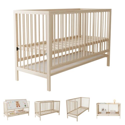 Lit bébé évolutif 3 en 1 en bois- Transformable en lit d'appoint/chevalet/bureau- Hauteur réglable- sans matelas- 140x60x90 cm