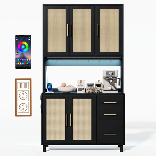 Buffet haut de cuisine Cuisine- Armoire de rangement avec Lumières LED contrôlées par APP- 2 USB et 2 prises- étagères réglables- 3 tiroirs- poignées dorées- Noir